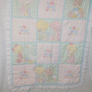 VTG Precious Moments Baby Quilt Comforter Goose Dogs Hearts Pastel Friends